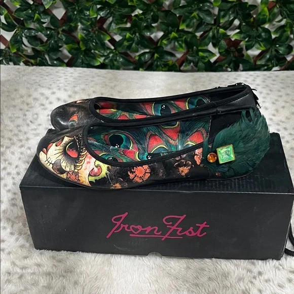 Iron Fist Black Multi Floral Skull Ballet Flats with Green Feather Accent - Picture 3 of 9
